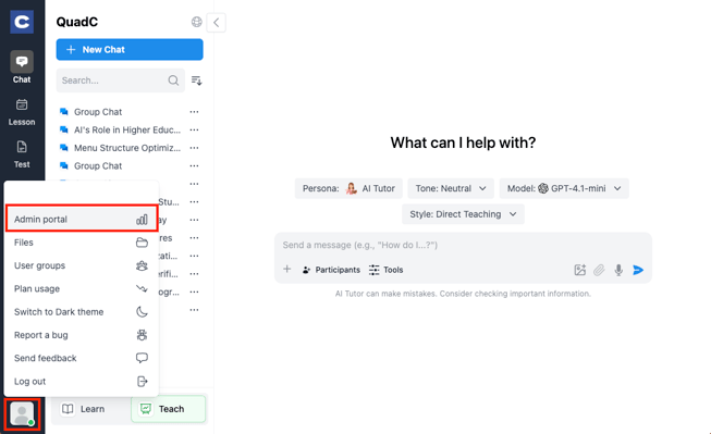 click in admin portal