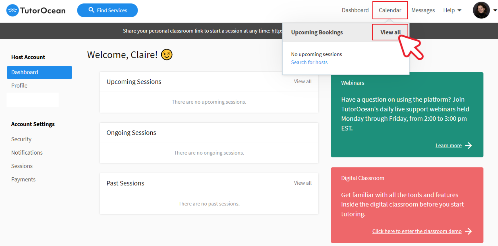 click calendar and view all