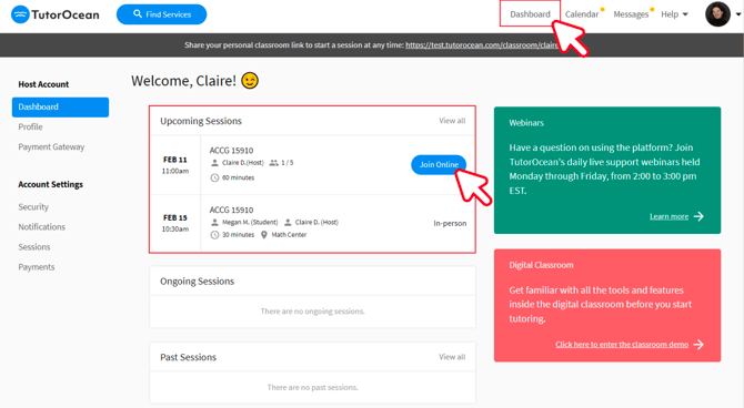 manage sessions on dashboard
