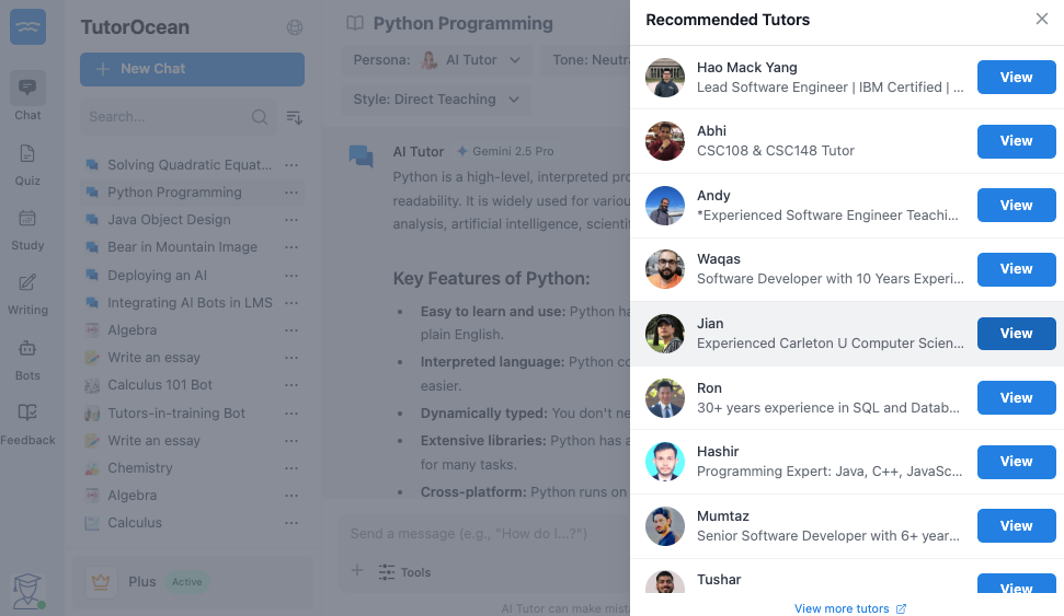 list of available tutors